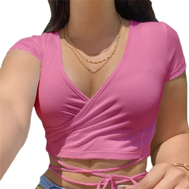 2020 Summer Solid V Neck T Shirts Women Short Sleeve Short Tops Crop Tops Ladies Casual Tops Tees Female Shirts White Pink