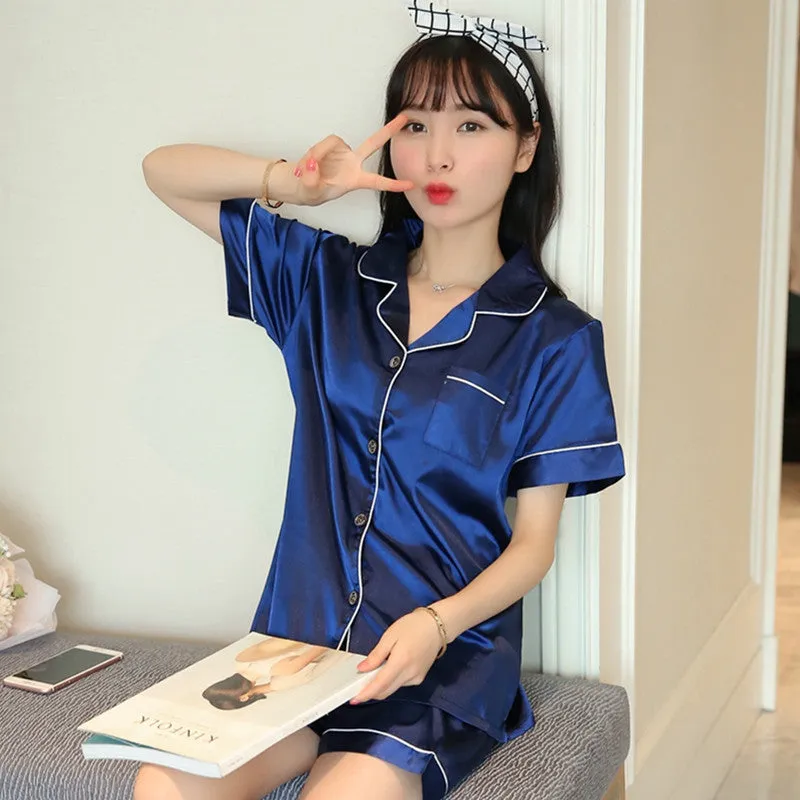 2021 Silk Short Pajamas Sleeve Soft Sleepwear Set Pyjamas Women Sexy Summer Two Piece Set Nightgown