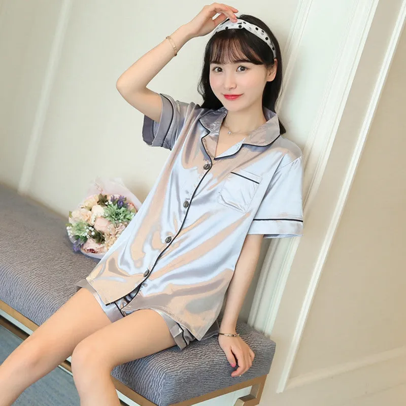 2021 Silk Short Pajamas Sleeve Soft Sleepwear Set Pyjamas Women Sexy Summer Two Piece Set Nightgown