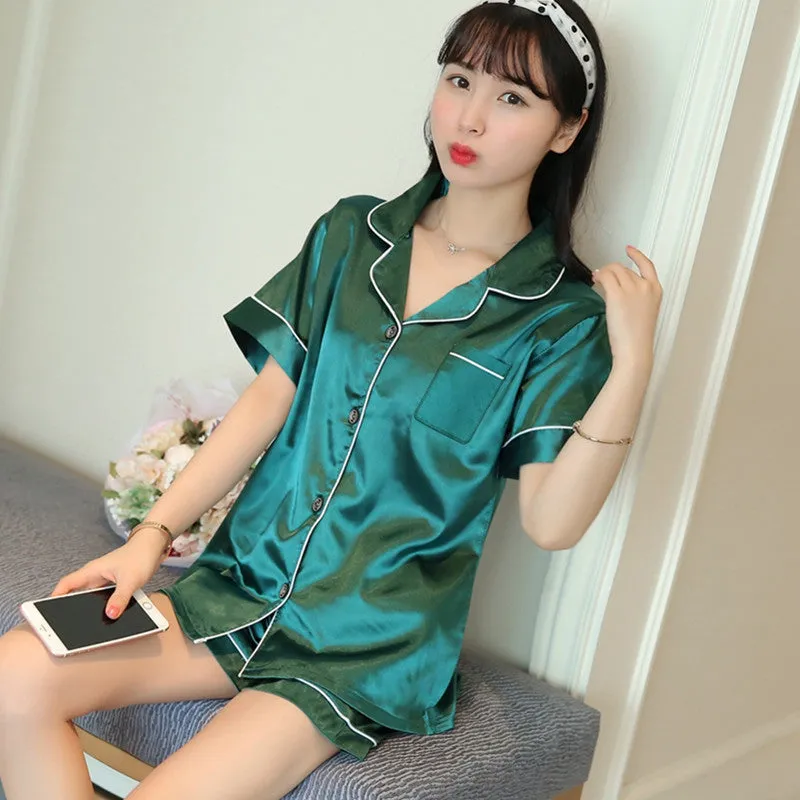 2021 Silk Short Pajamas Sleeve Soft Sleepwear Set Pyjamas Women Sexy Summer Two Piece Set Nightgown