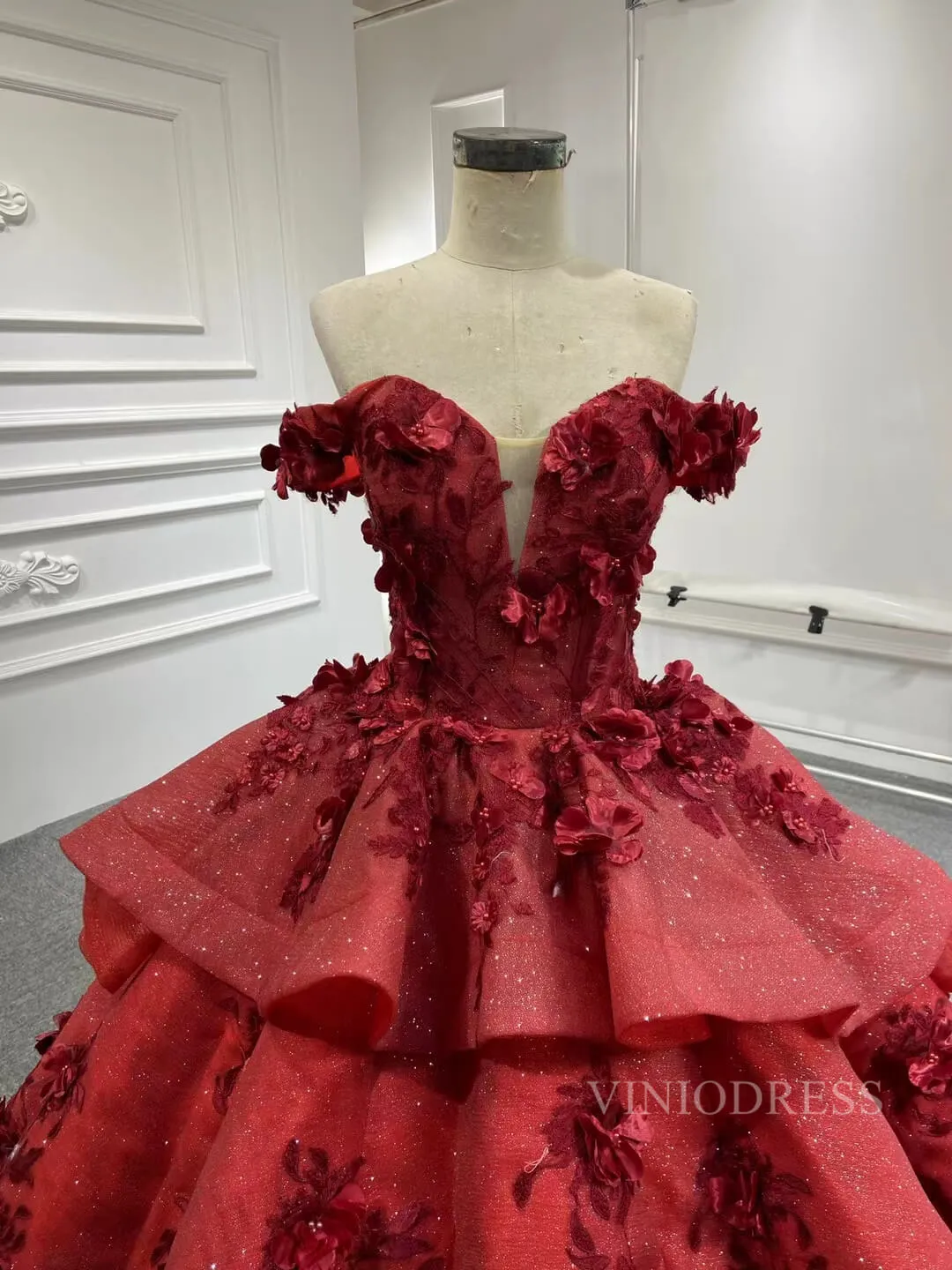 3D Floral Dark Red Quinceañera Dresses Off the Shoulder Ball Gown viniodress all