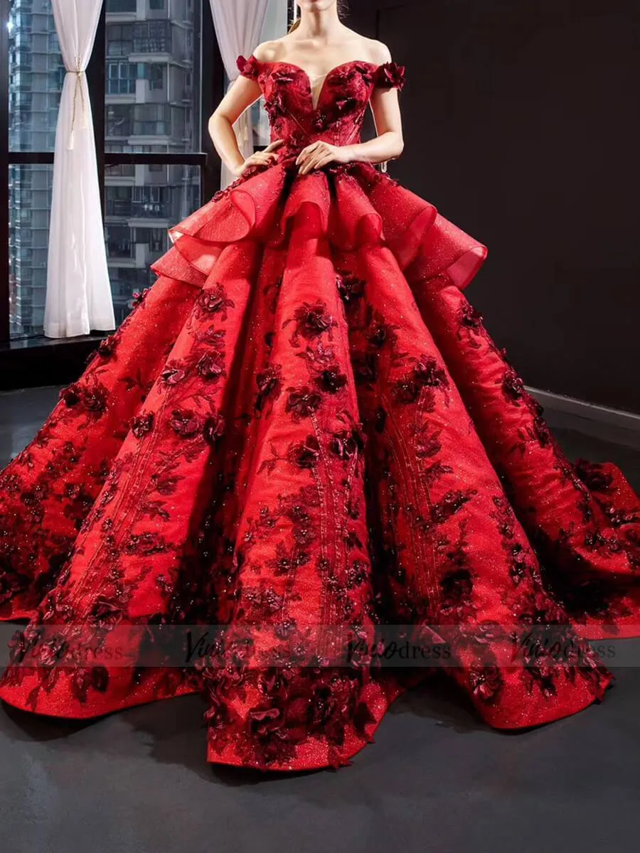 3D Floral Dark Red Quinceañera Dresses Off the Shoulder Ball Gown viniodress all