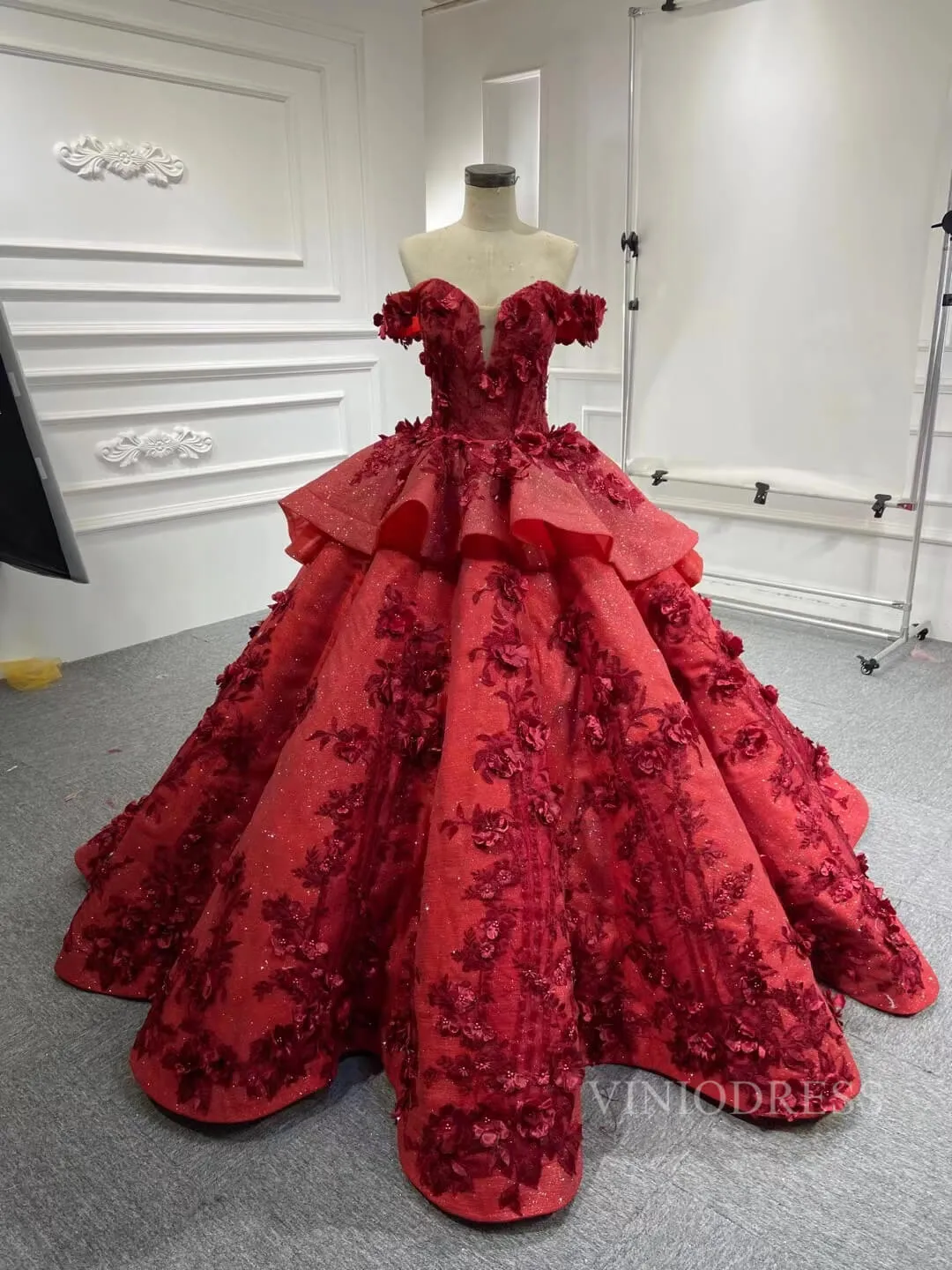 3D Floral Dark Red Quinceañera Dresses Off the Shoulder Ball Gown viniodress all