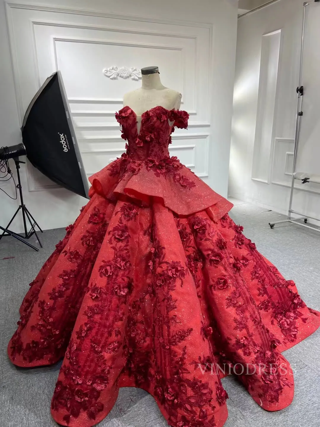 3D Floral Dark Red Quinceañera Dresses Off the Shoulder Ball Gown viniodress all