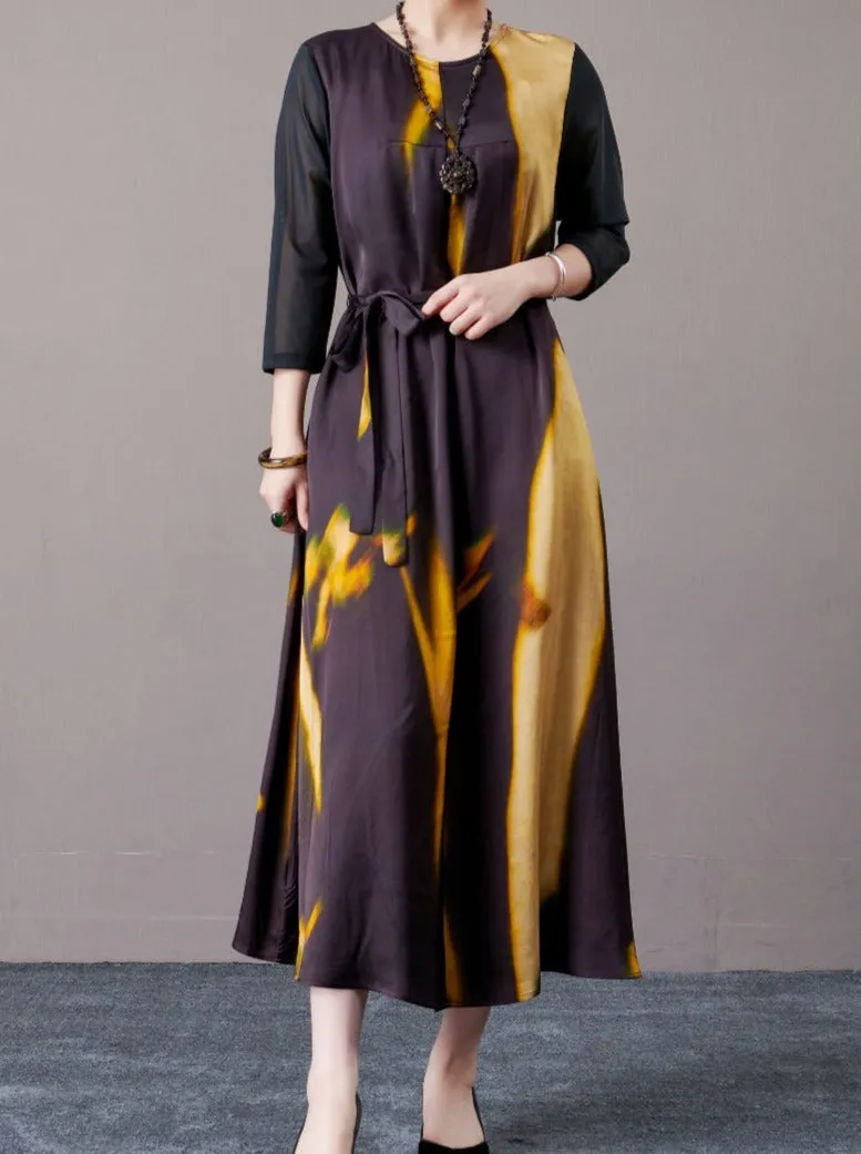 Abstract Print Long Sleeve Maxi Dress