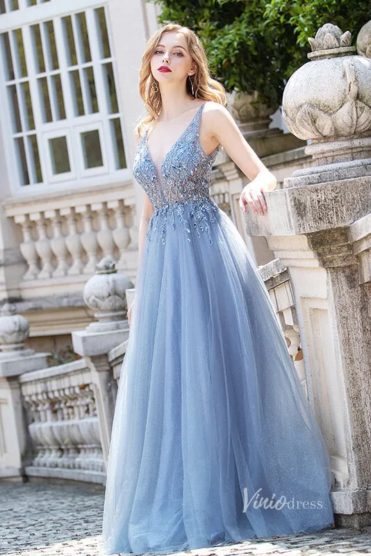 Beaded A-line Tulle Prom Dress V-neck Evening Dress FD2803