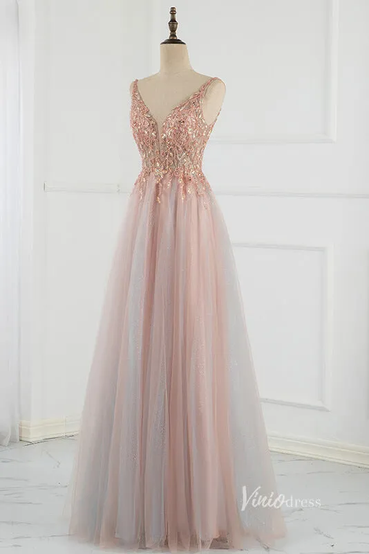 Beaded A-line Tulle Prom Dress V-neck Evening Dress FD2803