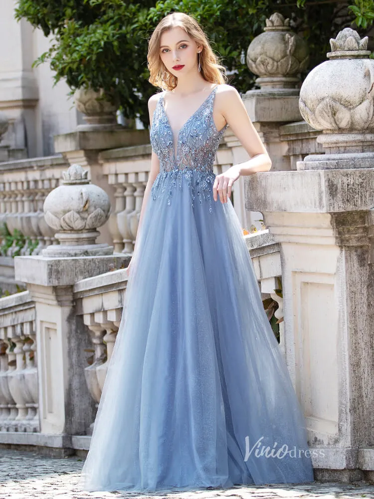 Beaded A-line Tulle Prom Dress V-neck Evening Dress FD2803