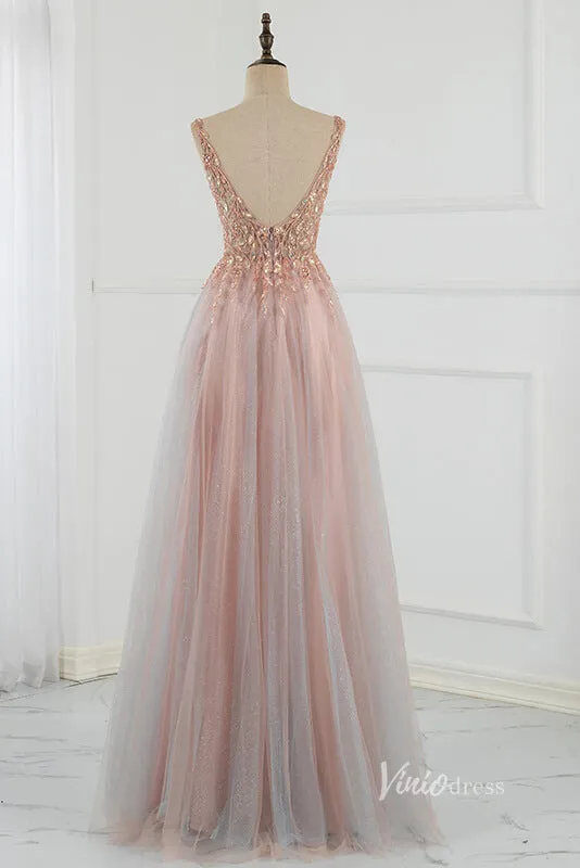 Beaded A-line Tulle Prom Dress V-neck Evening Dress FD2803