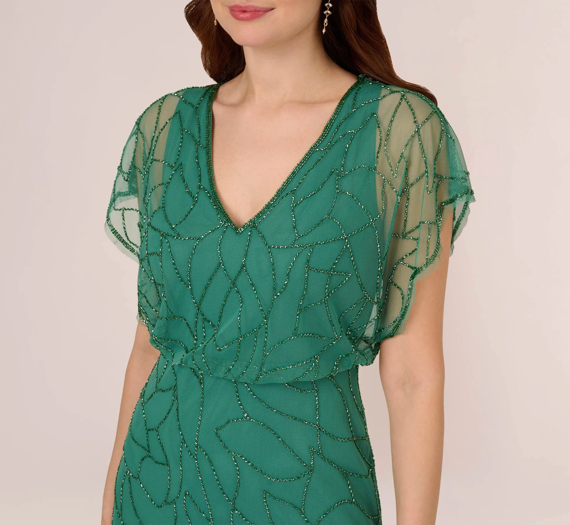 Beaded Blouson Mermaid Gown With Sheer Dolman Sleeves In Jungle Green