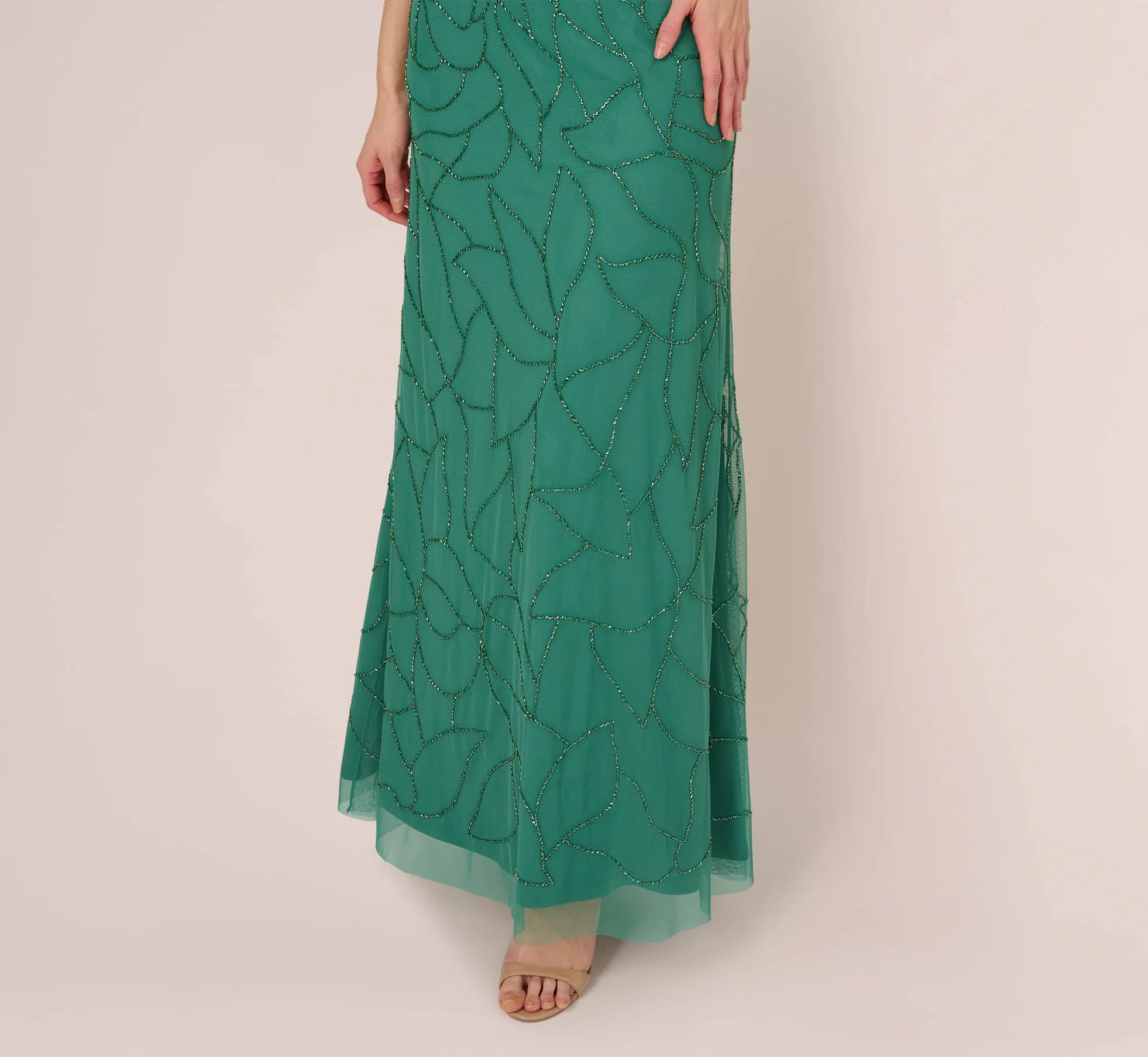 Beaded Blouson Mermaid Gown With Sheer Dolman Sleeves In Jungle Green