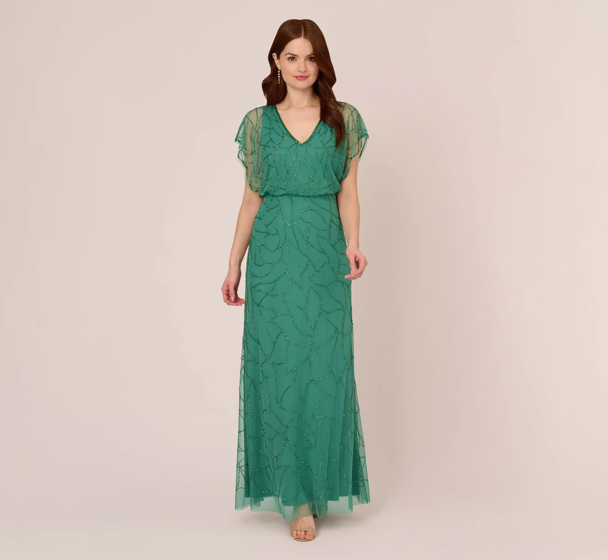 Beaded Blouson Mermaid Gown With Sheer Dolman Sleeves In Jungle Green