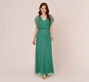 Beaded Blouson Mermaid Gown With Sheer Dolman Sleeves In Jungle Green