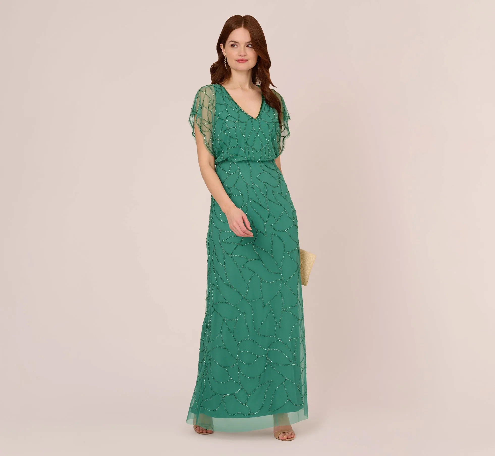 Beaded Blouson Mermaid Gown With Sheer Dolman Sleeves In Jungle Green