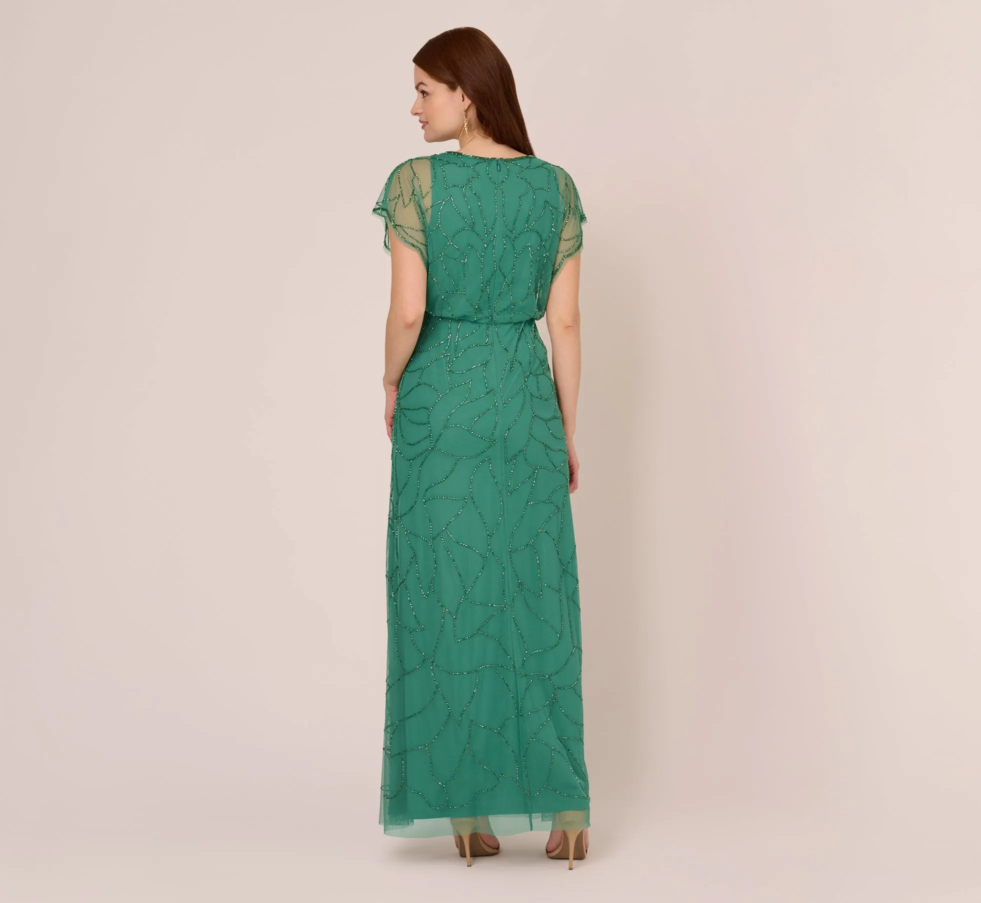 Beaded Blouson Mermaid Gown With Sheer Dolman Sleeves In Jungle Green