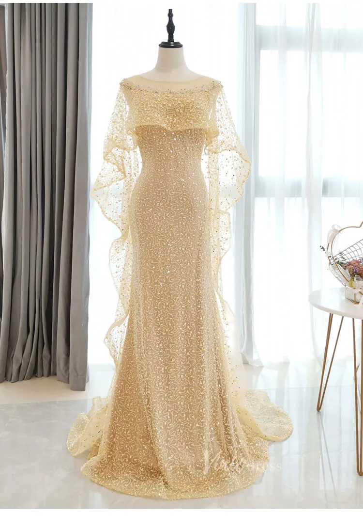 Beaded Gold Cape Prom Dresses Sparkly Lace Formal Dress FD2826