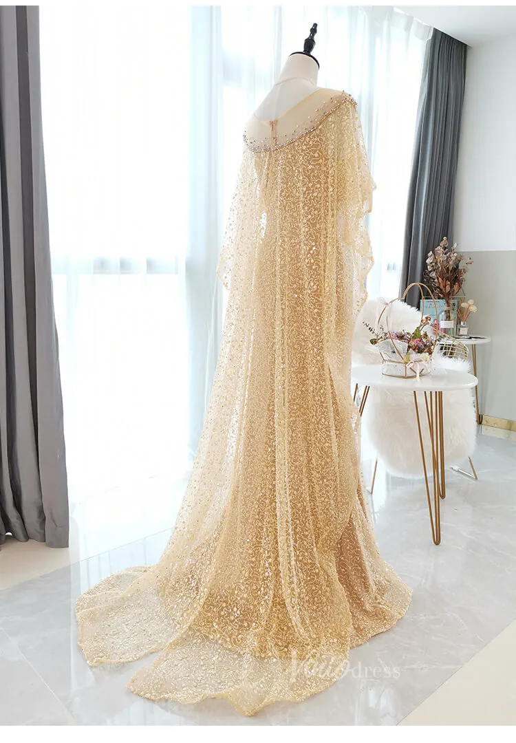 Beaded Gold Cape Prom Dresses Sparkly Lace Formal Dress FD2826