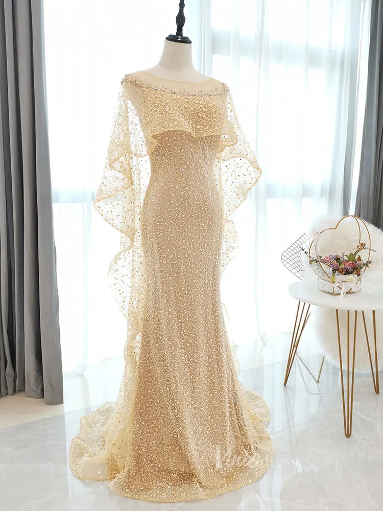 Beaded Gold Cape Prom Dresses Sparkly Lace Formal Dress FD2826