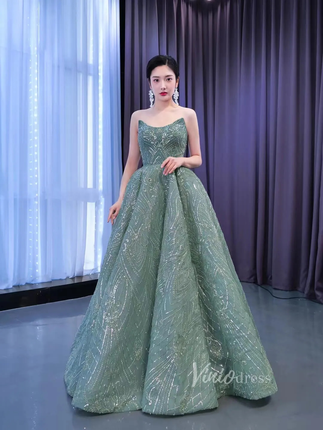 Beaded Greyish-Green Ball Gown Formal Dresses Strapless 67421