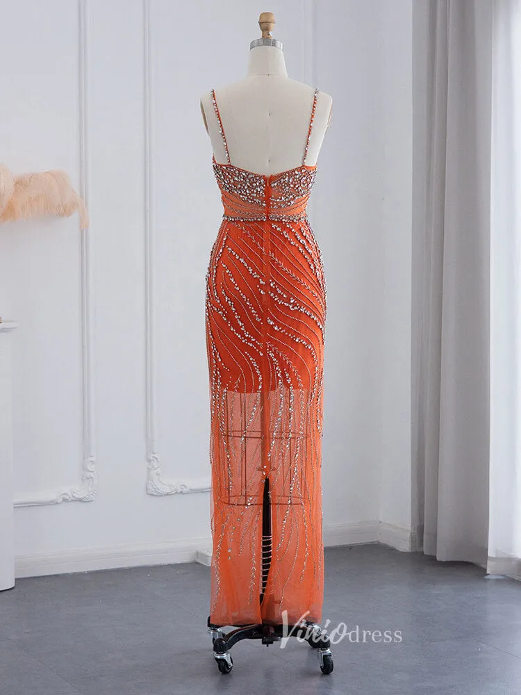 Beaded Orange Evening Dress Spaghetti Strap Sheath Prom Dresses 20094