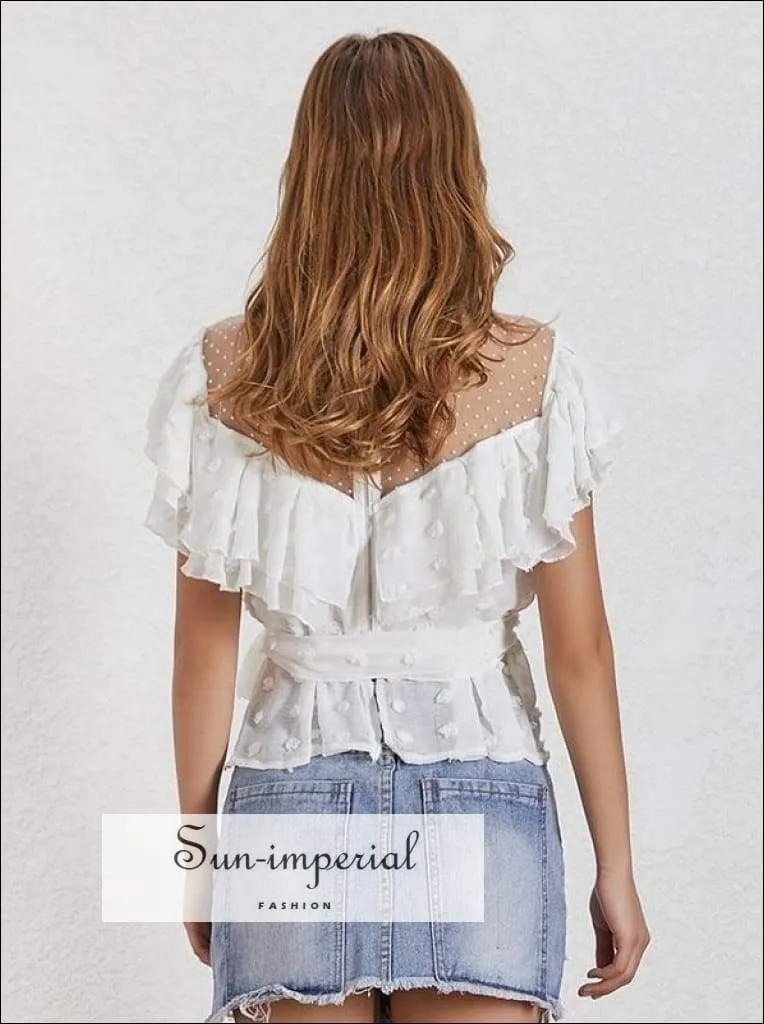 Becky top - Vintage Solid Chiffon Shirt for Women Short Sleeve Ruffles Asymmetrical Hem Polka Dot