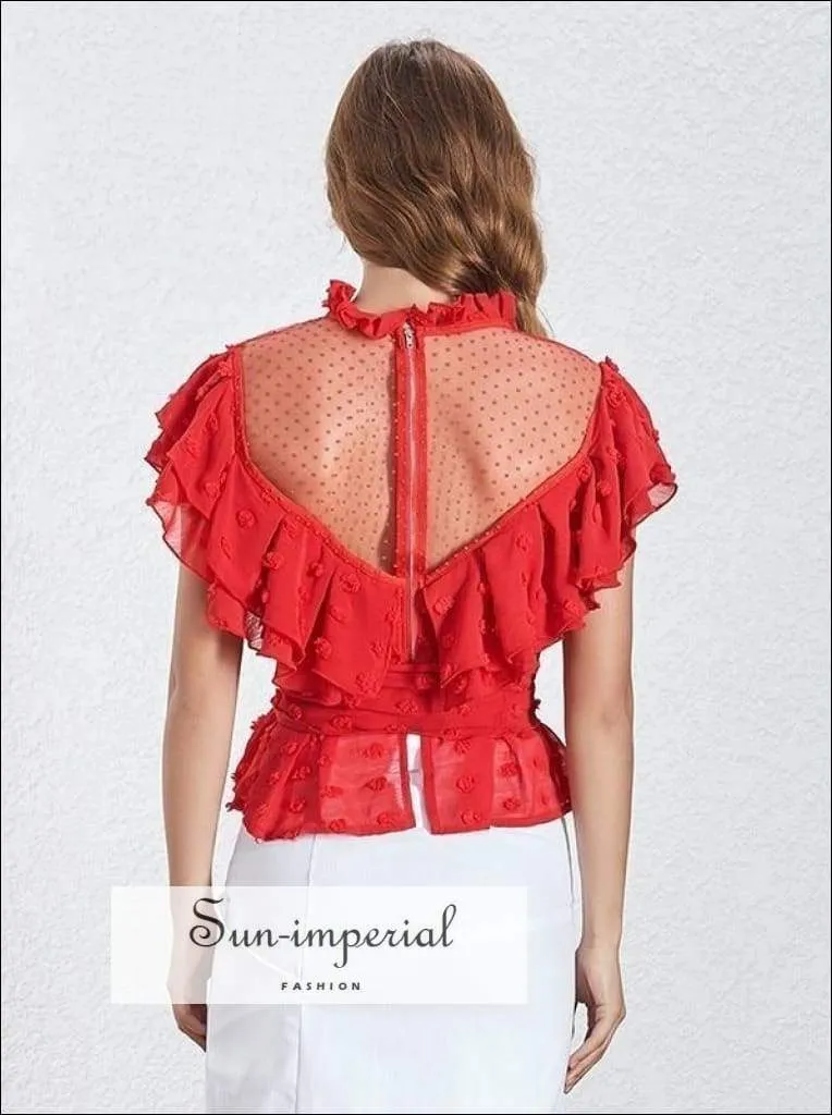 Becky top - Vintage Solid Chiffon Shirt for Women Short Sleeve Ruffles Asymmetrical Hem Polka Dot