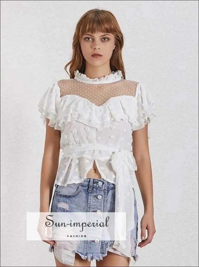 Becky top - Vintage Solid Chiffon Shirt for Women Short Sleeve Ruffles Asymmetrical Hem Polka Dot