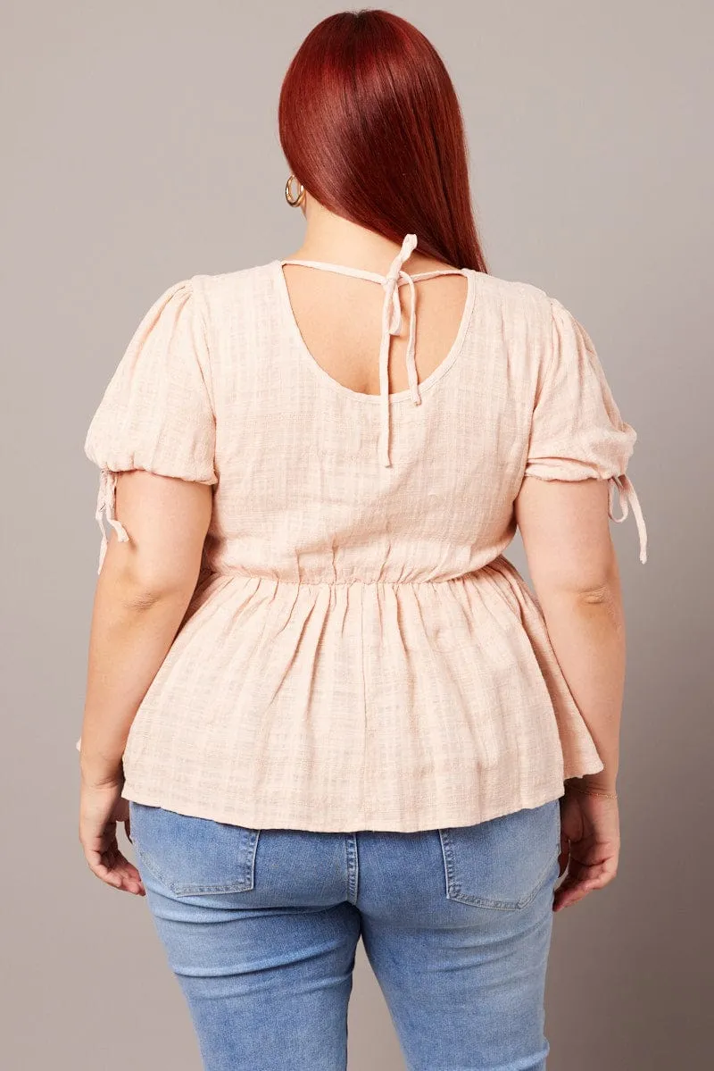 Beige Peplum Top Short Sleeve Tie Front