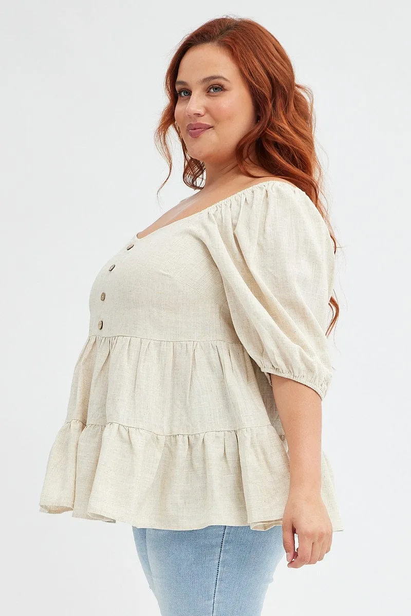 Beige Smock Top Short Sleeve Tiered