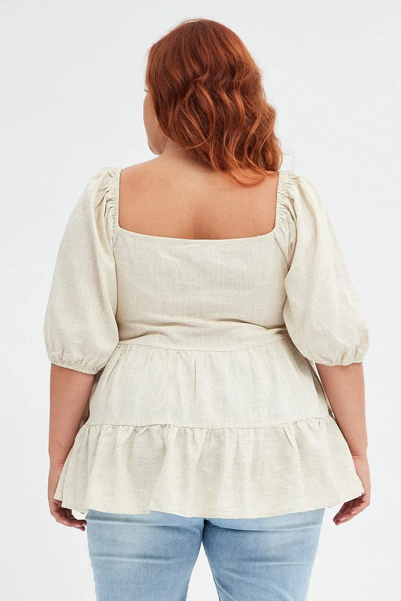 Beige Smock Top Short Sleeve Tiered