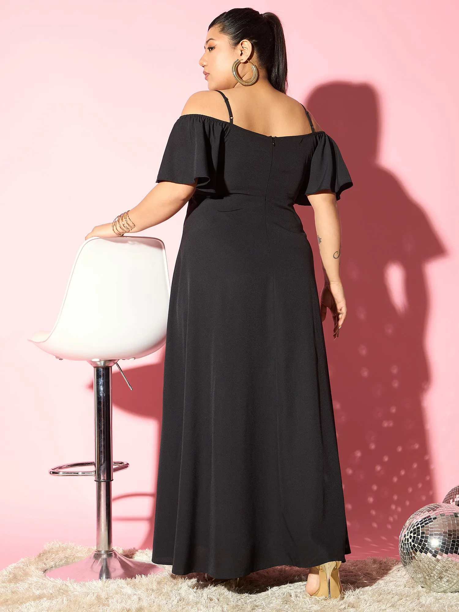 Berrylush Curve Women Black Solid Off-Shoulder Maxi Flared Dress