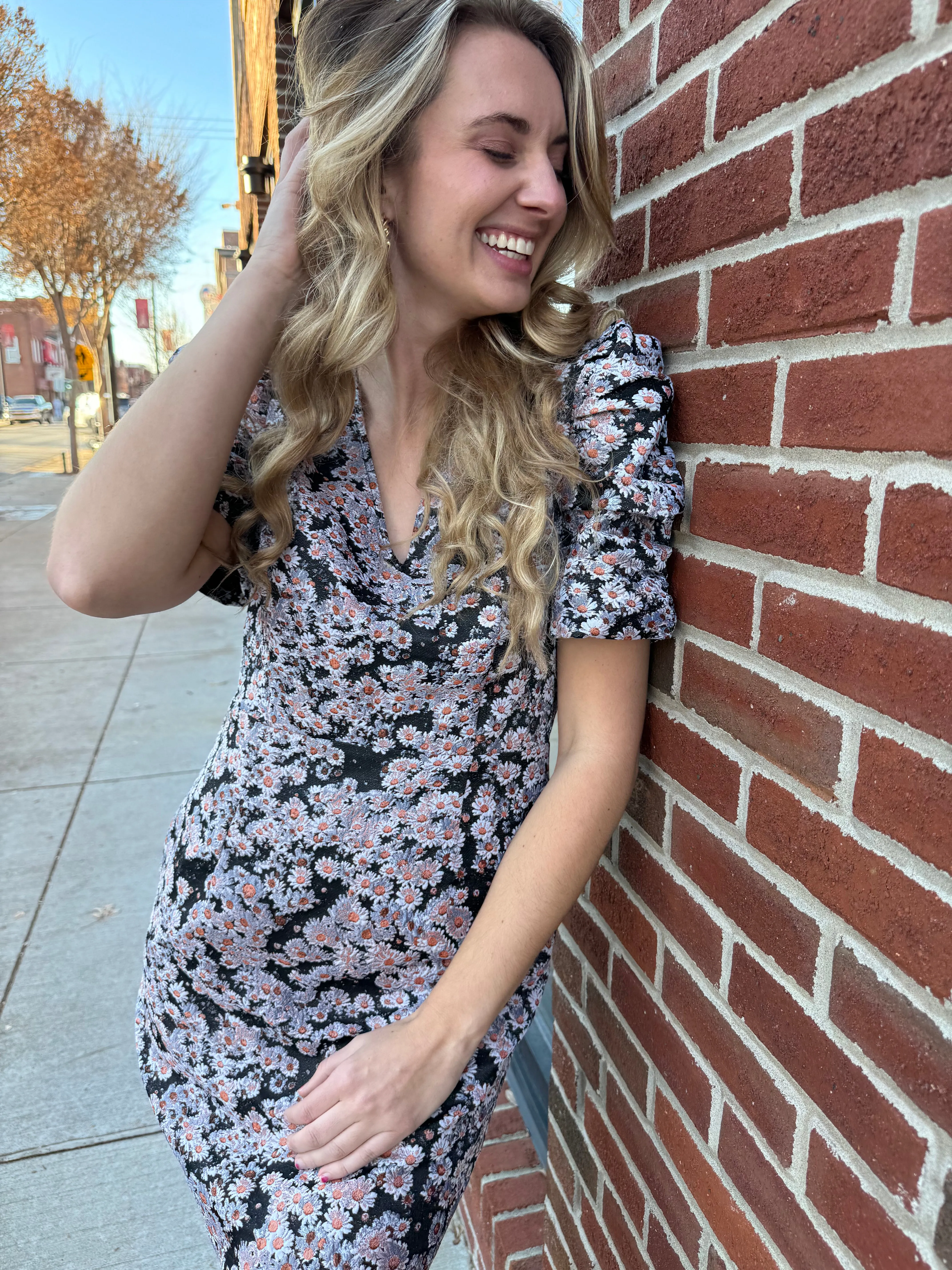 Black Floral Textured Puff Sleeve Dress