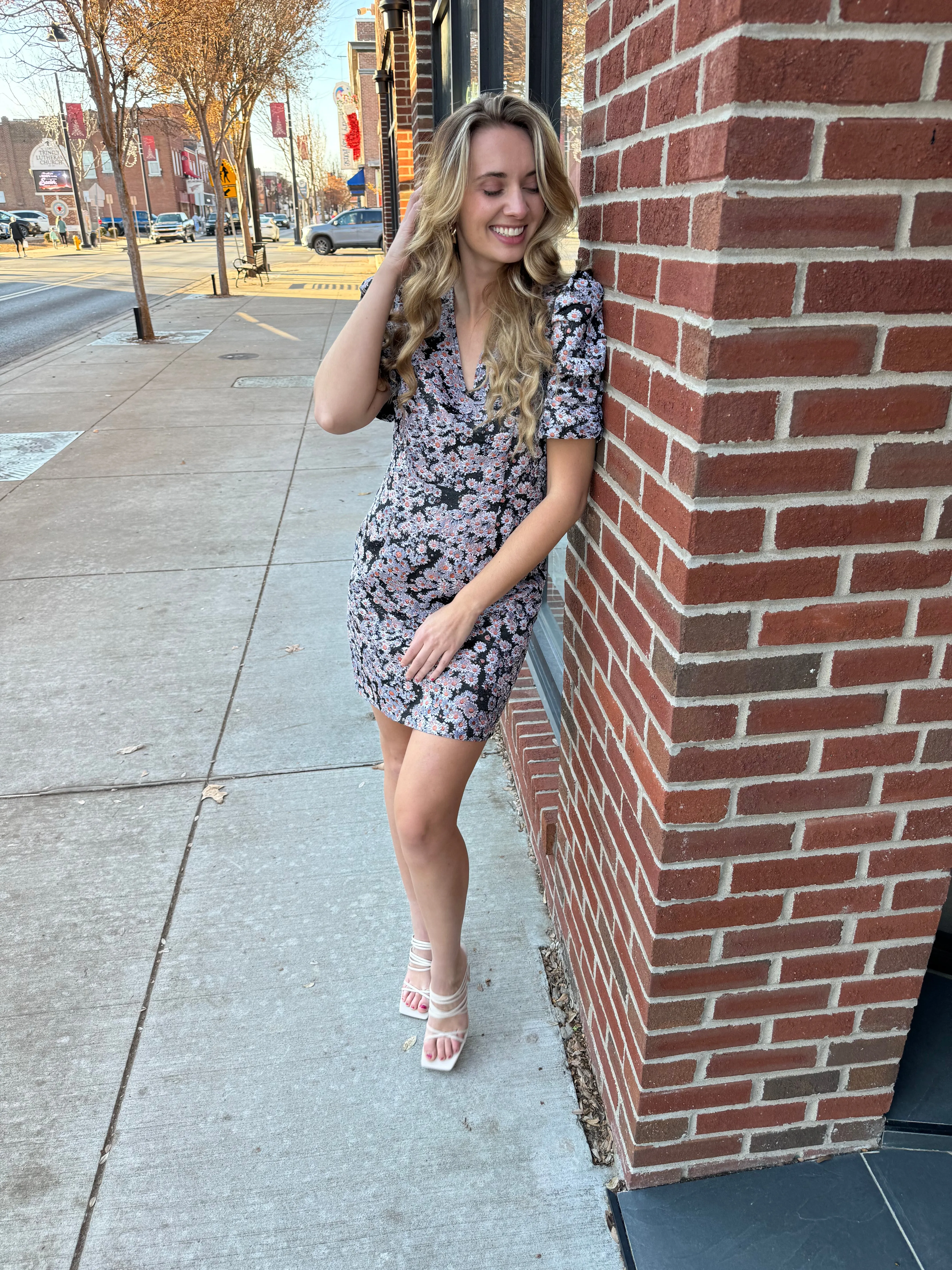 Black Floral Textured Puff Sleeve Dress