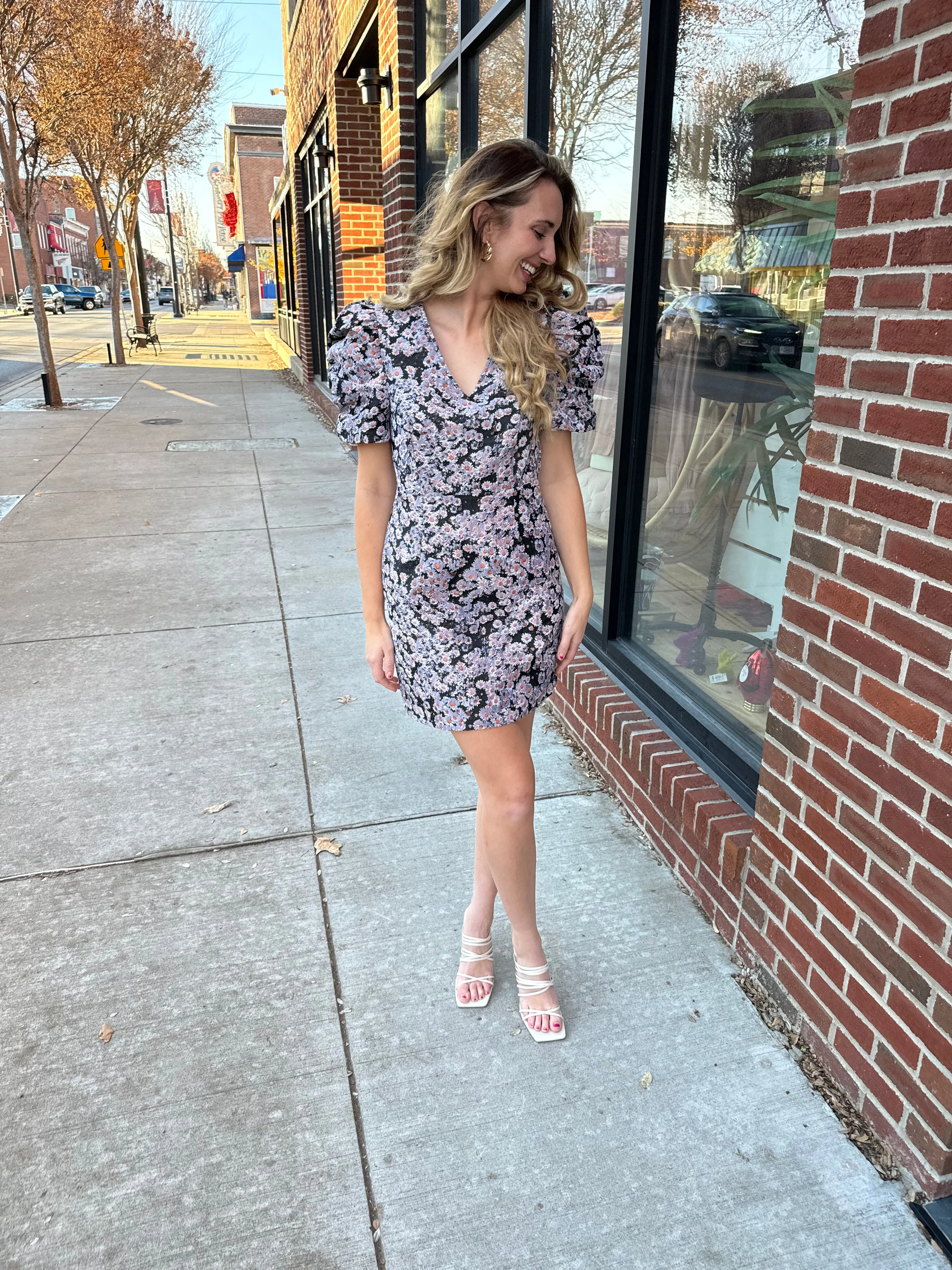 Black Floral Textured Puff Sleeve Dress