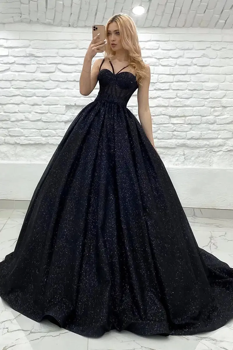 Black Sequin Spaghetti Strap Evening Formal Dresses