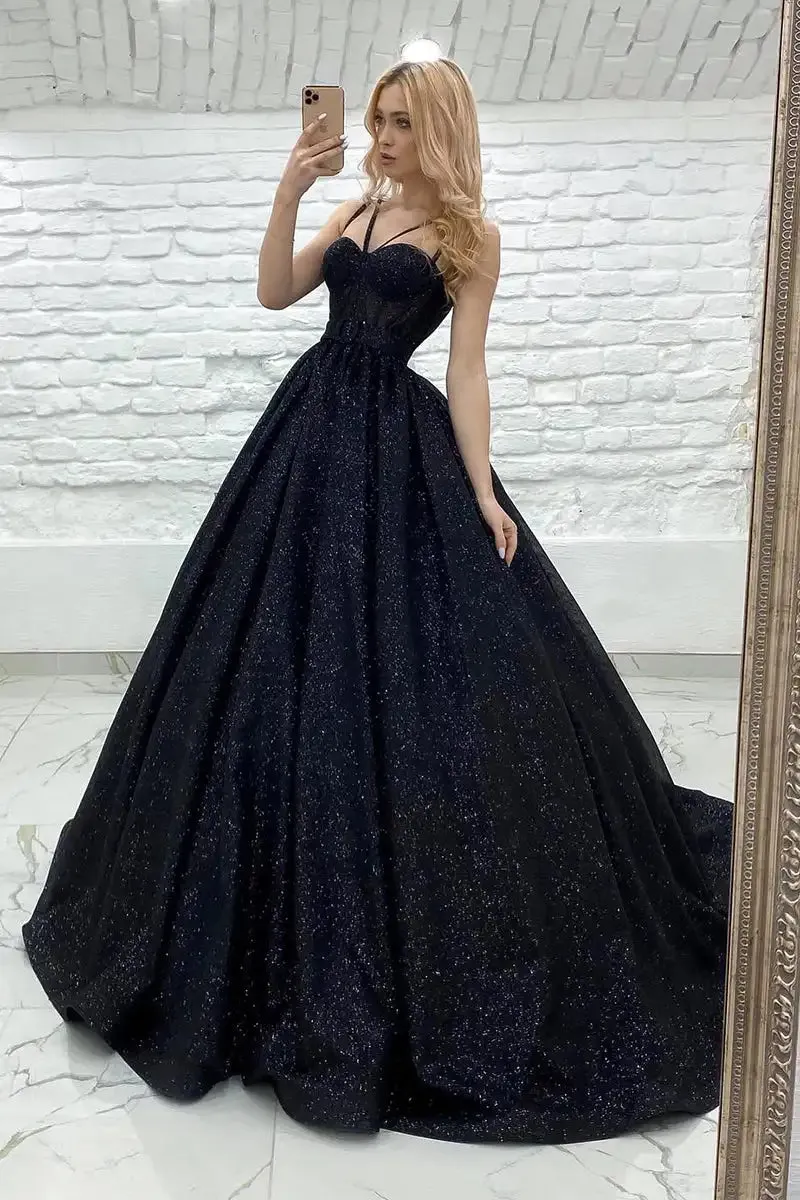 Black Sequin Spaghetti Strap Evening Formal Dresses