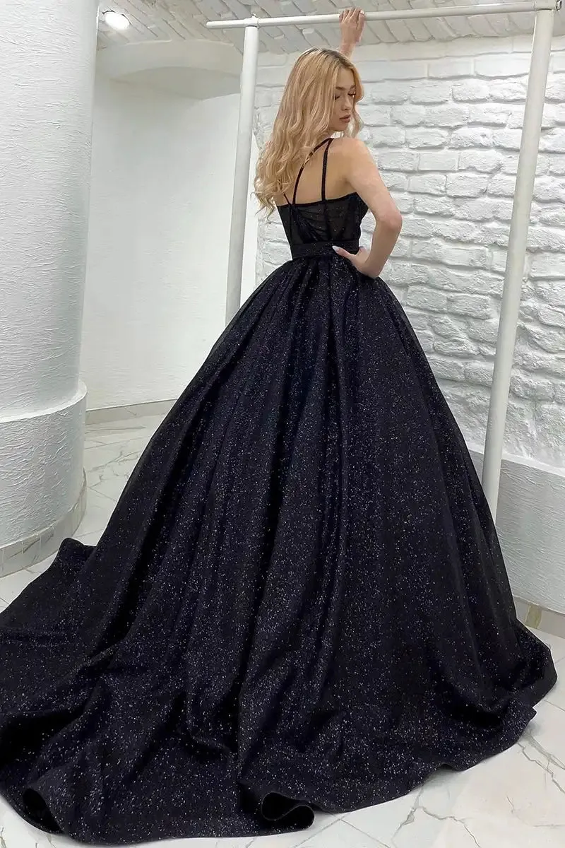 Black Sequin Spaghetti Strap Evening Formal Dresses