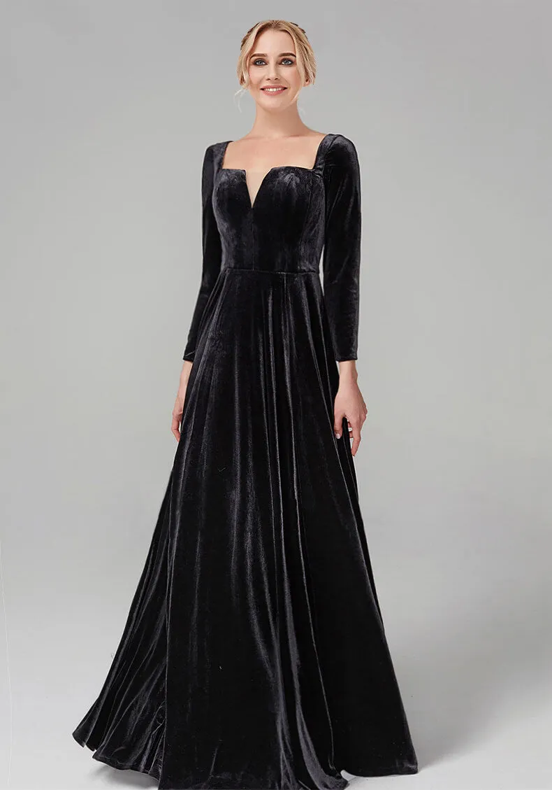 Black Square Neck Long Sleeve Velvet Noble Maxi Formal Evening Gown