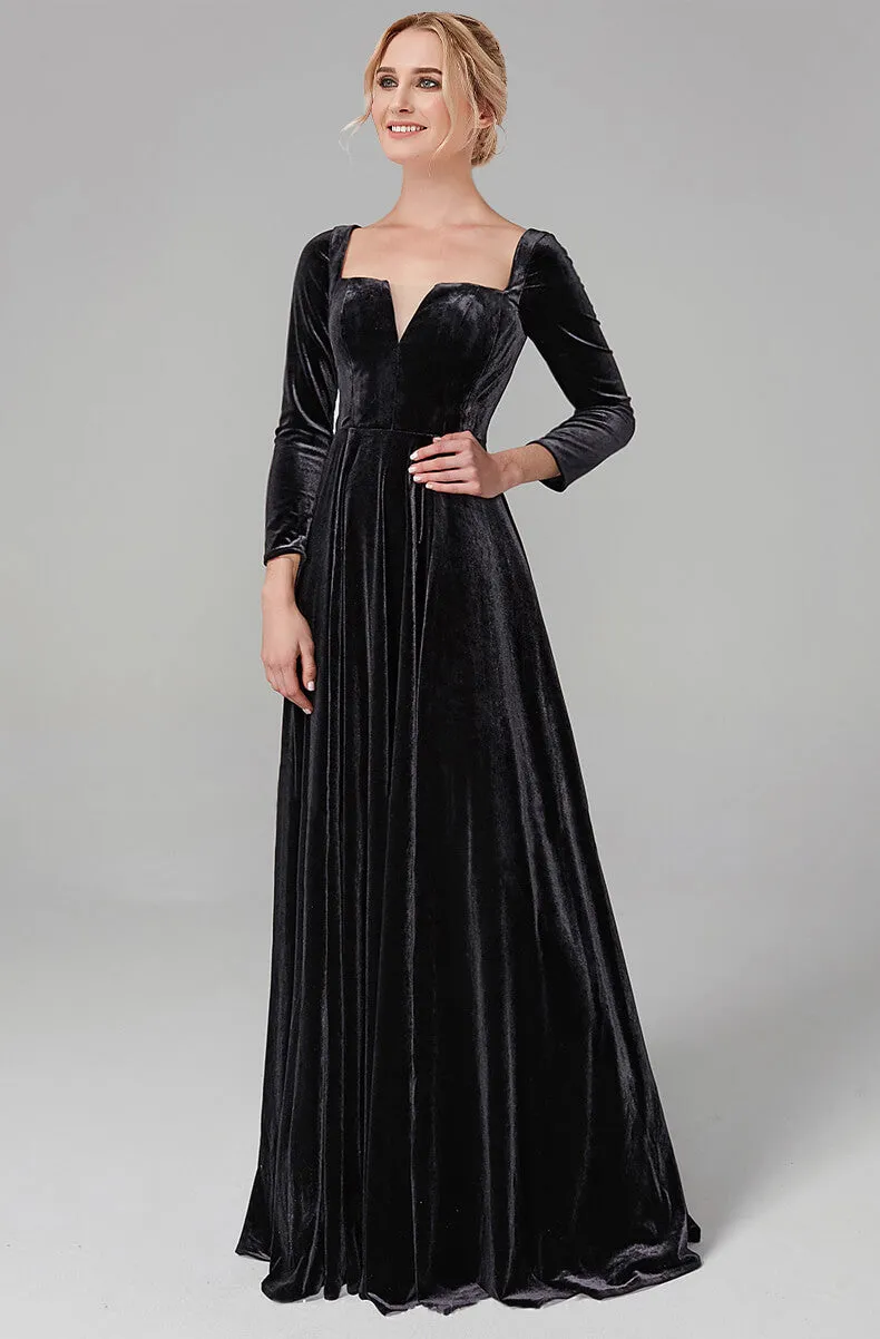 Black Square Neck Long Sleeve Velvet Noble Maxi Formal Evening Gown