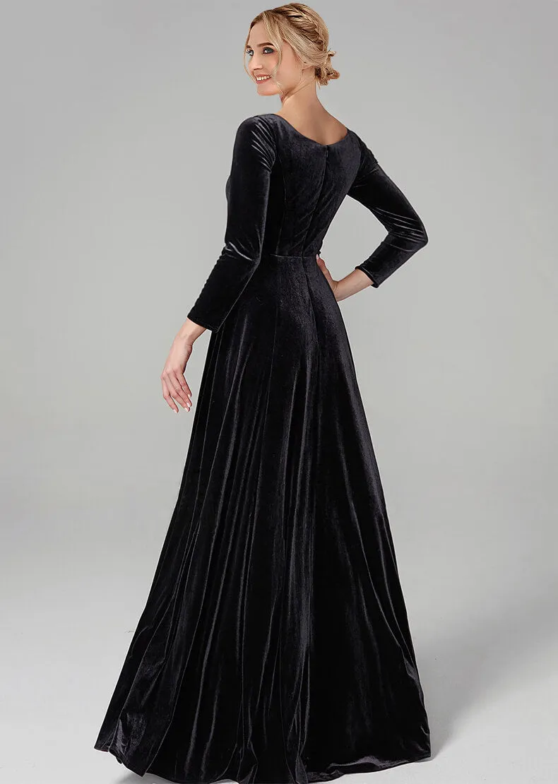 Black Square Neck Long Sleeve Velvet Noble Maxi Formal Evening Gown