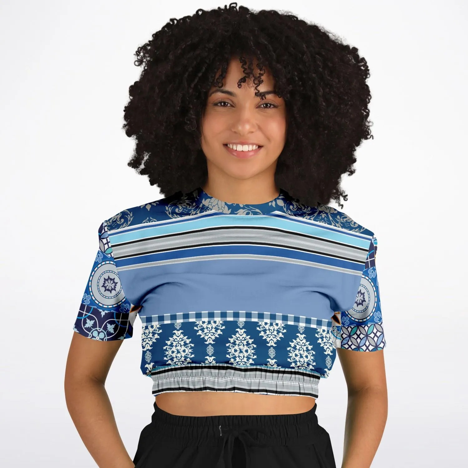 Blue Agadir Moroccan Tile Short Sleeve Cropped Eco-Poly Sweater