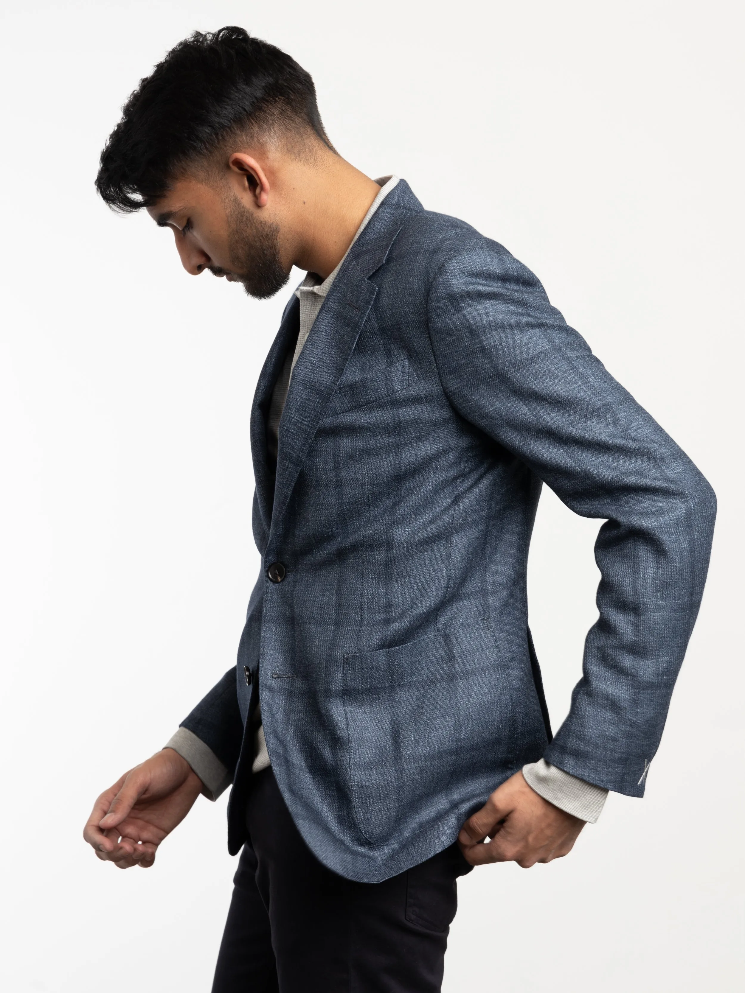 Blue Check Cashmere-Linen Blend Sport Jacket