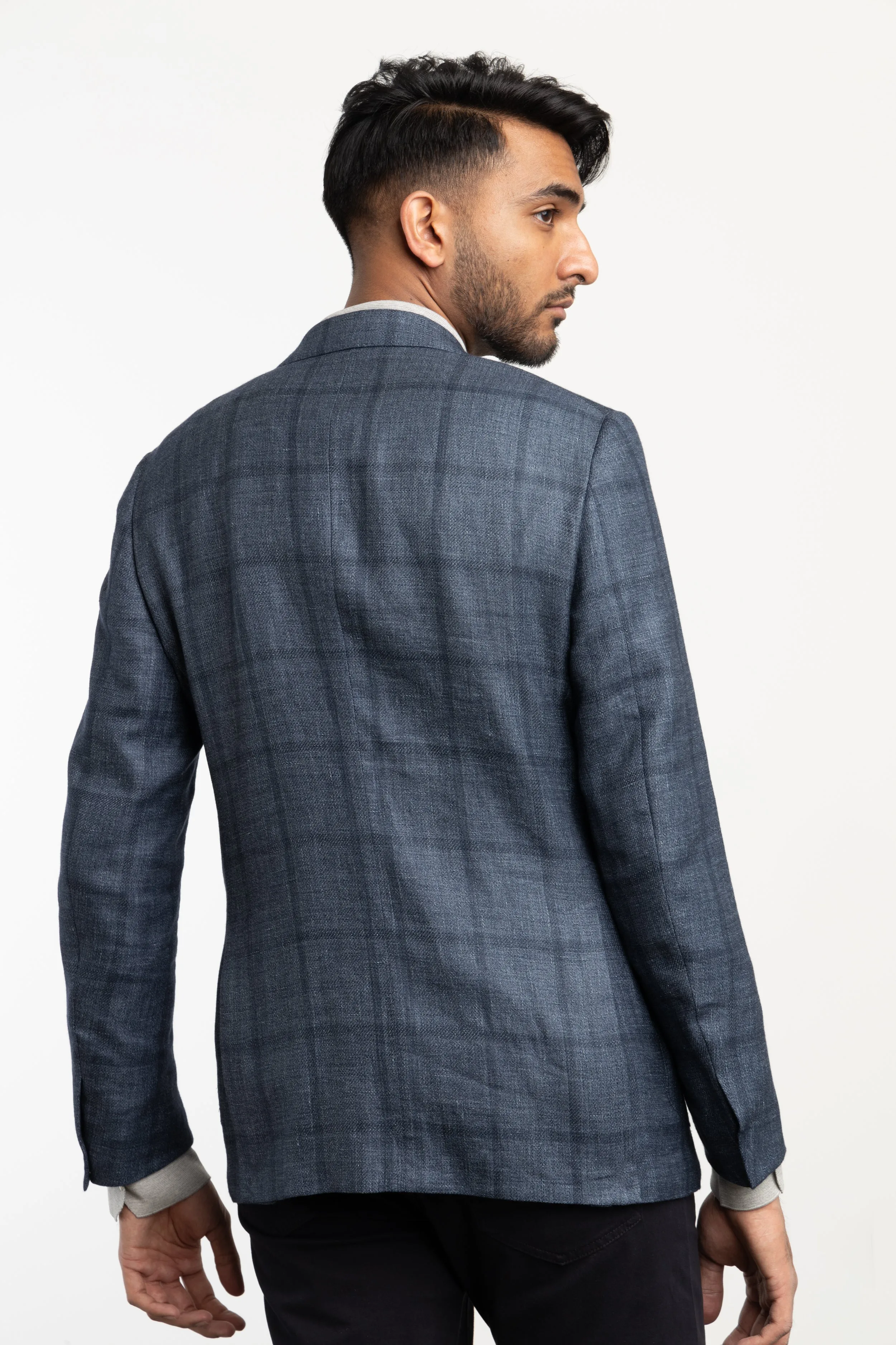 Blue Check Cashmere-Linen Blend Sport Jacket