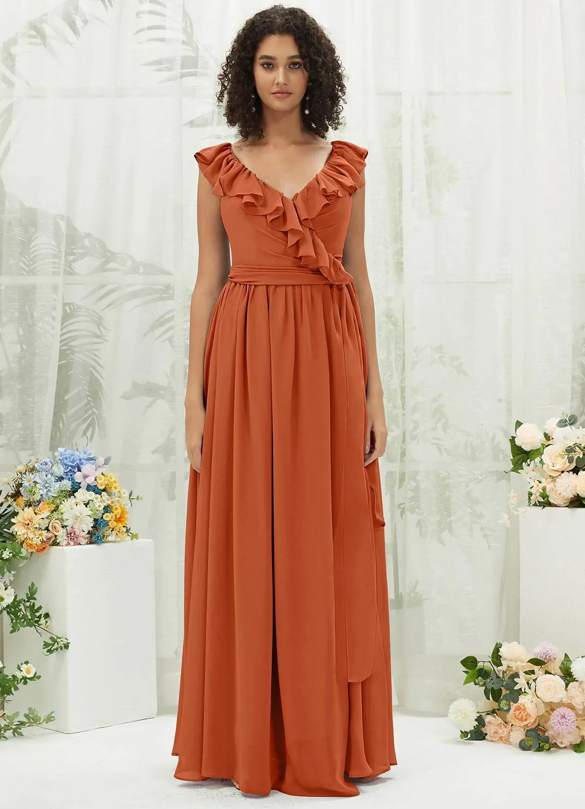 Burnt Orange Chiffon Ruffle Cross Straps V-Neck Wrap Bridesmaid Dress