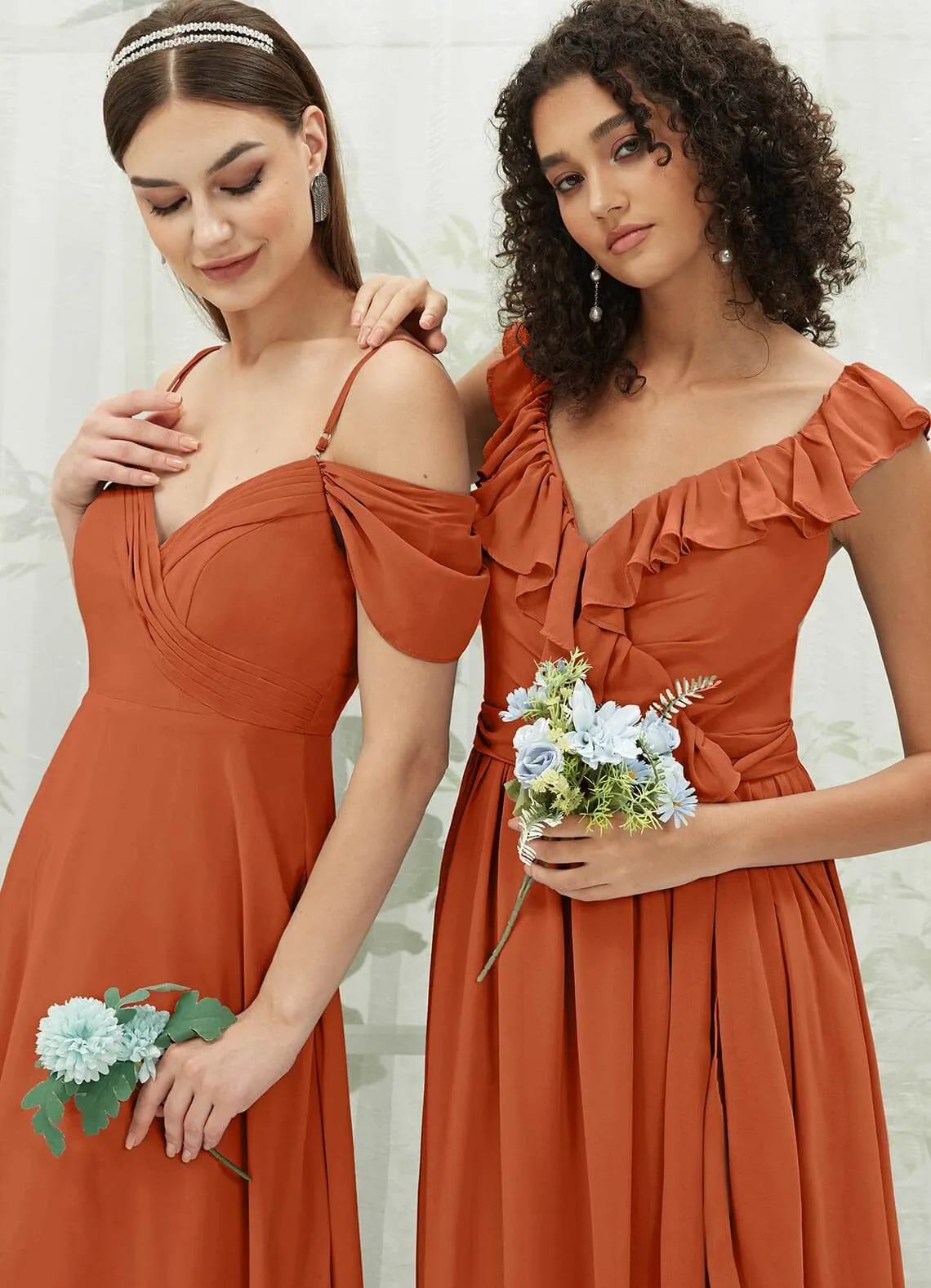 Burnt Orange Chiffon Ruffle Cross Straps V-Neck Wrap Bridesmaid Dress