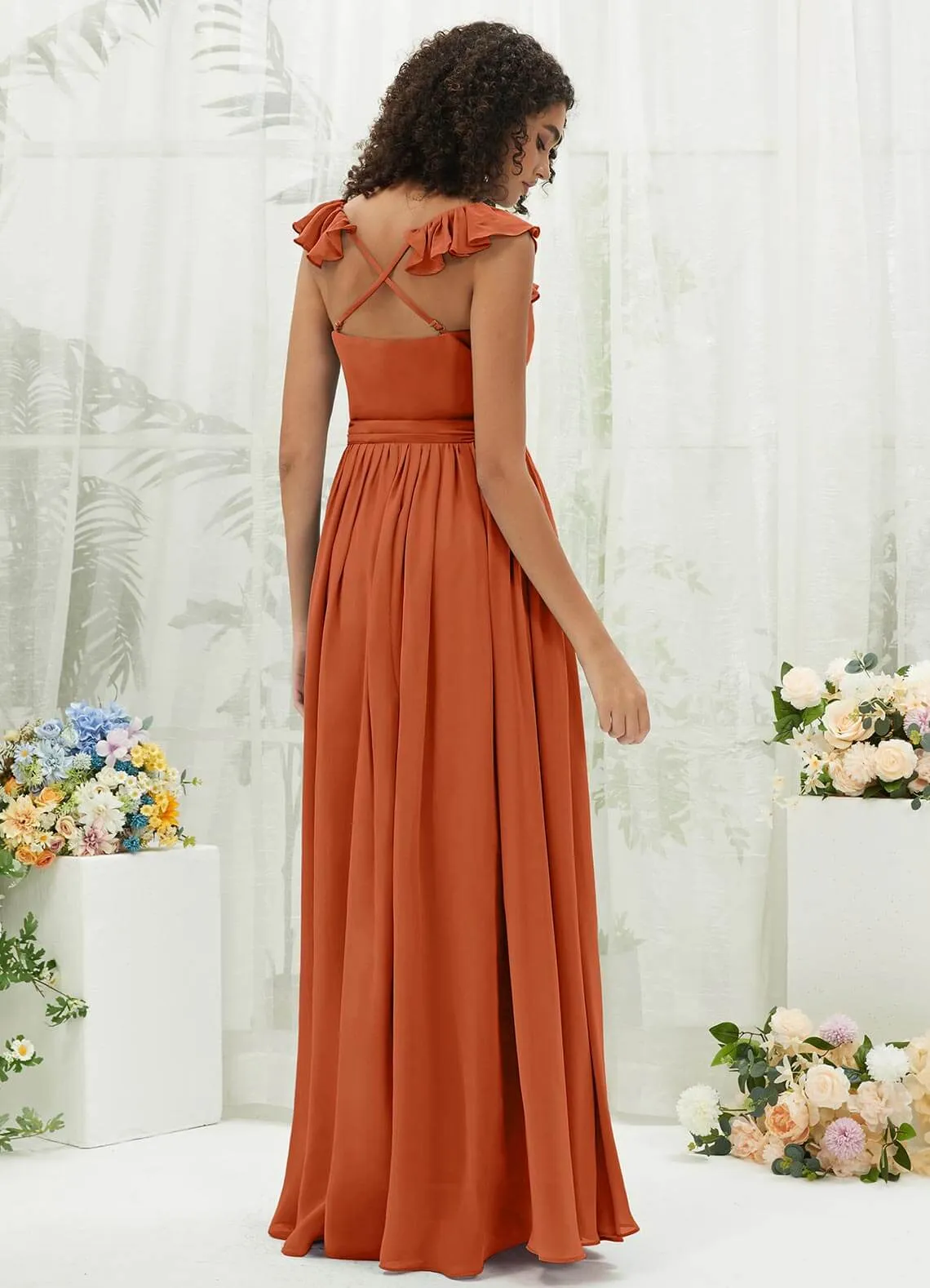 Burnt Orange Chiffon Ruffle Cross Straps V-Neck Wrap Bridesmaid Dress