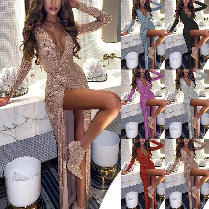 Champagne Color V-Neck Log Sleeve Dress with Thigh Slit