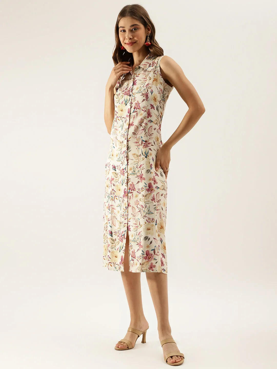 Cream Floral Printed Rayon Midi Dress with attached Sleeves