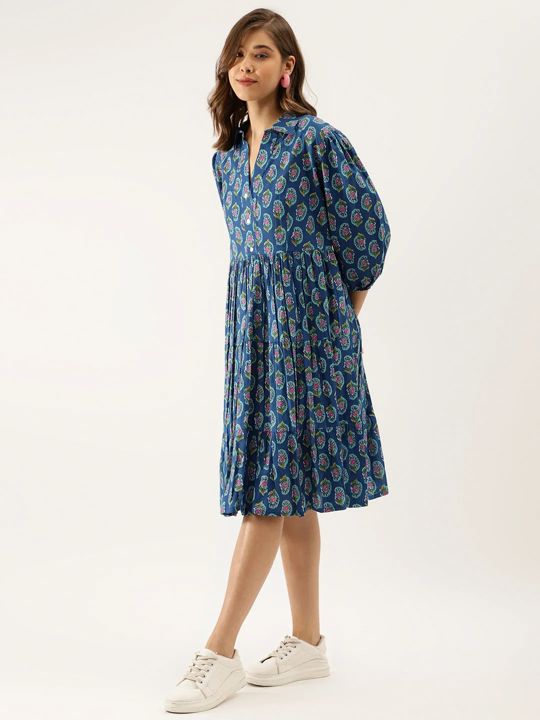 Divena Blue Paisley Printed Cotton Dress for Women