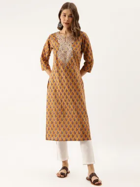 Divena Brown Floral Printed Cotton Zari Work Kurta for Women